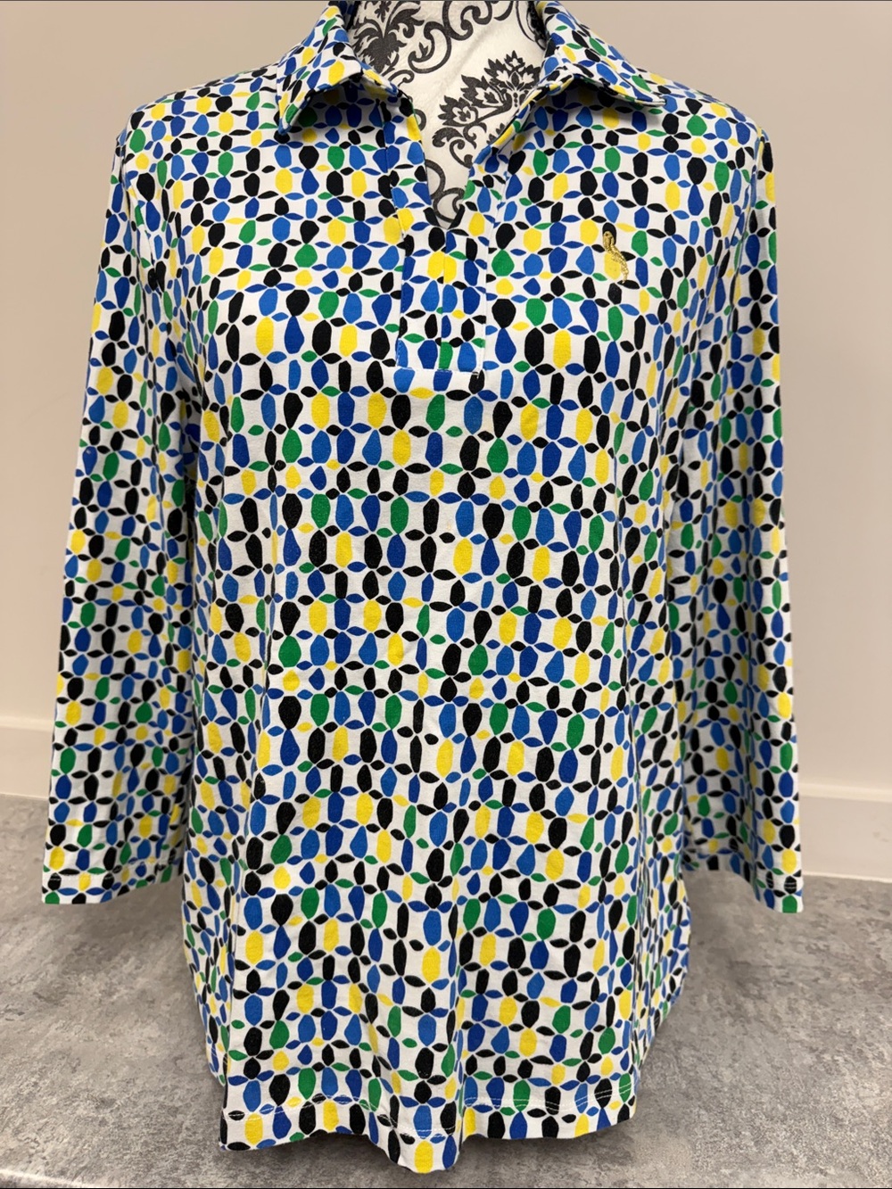 Pappagallo Geometric Print Polo Top Large 3/4 Sleeve Stretch